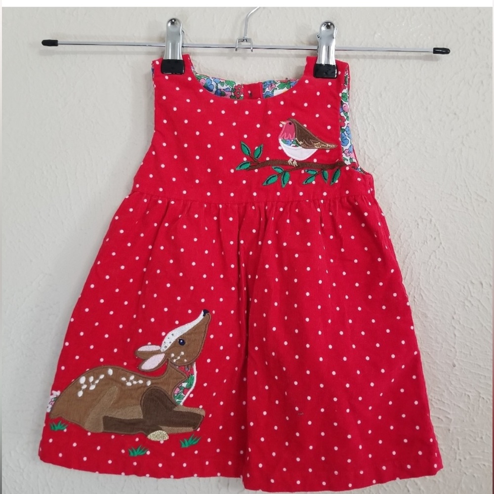 NWT Baby Boden Polka Dot Rockabilly Red Deer Corduroy Dress Size 6-9M